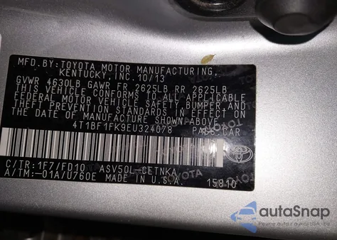 2014 Toyota Camry Le из США, поврежденный, VIN 4T1BF1FK9EU324078